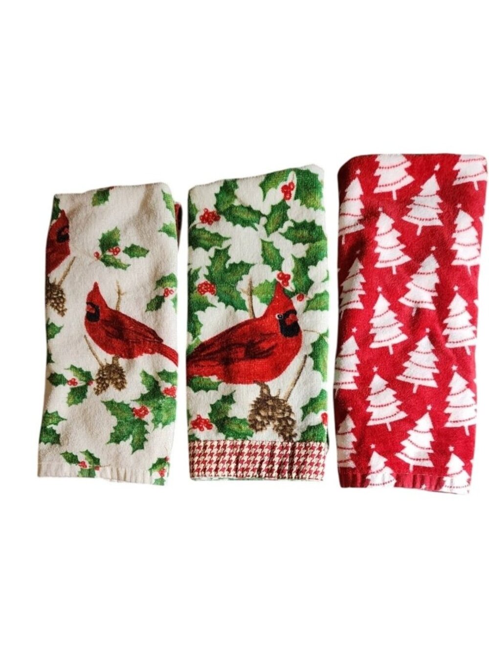 Christmas Hand Towels Set of 3 Cardinals Trees Cotton Cottagecore Holiday Decor
